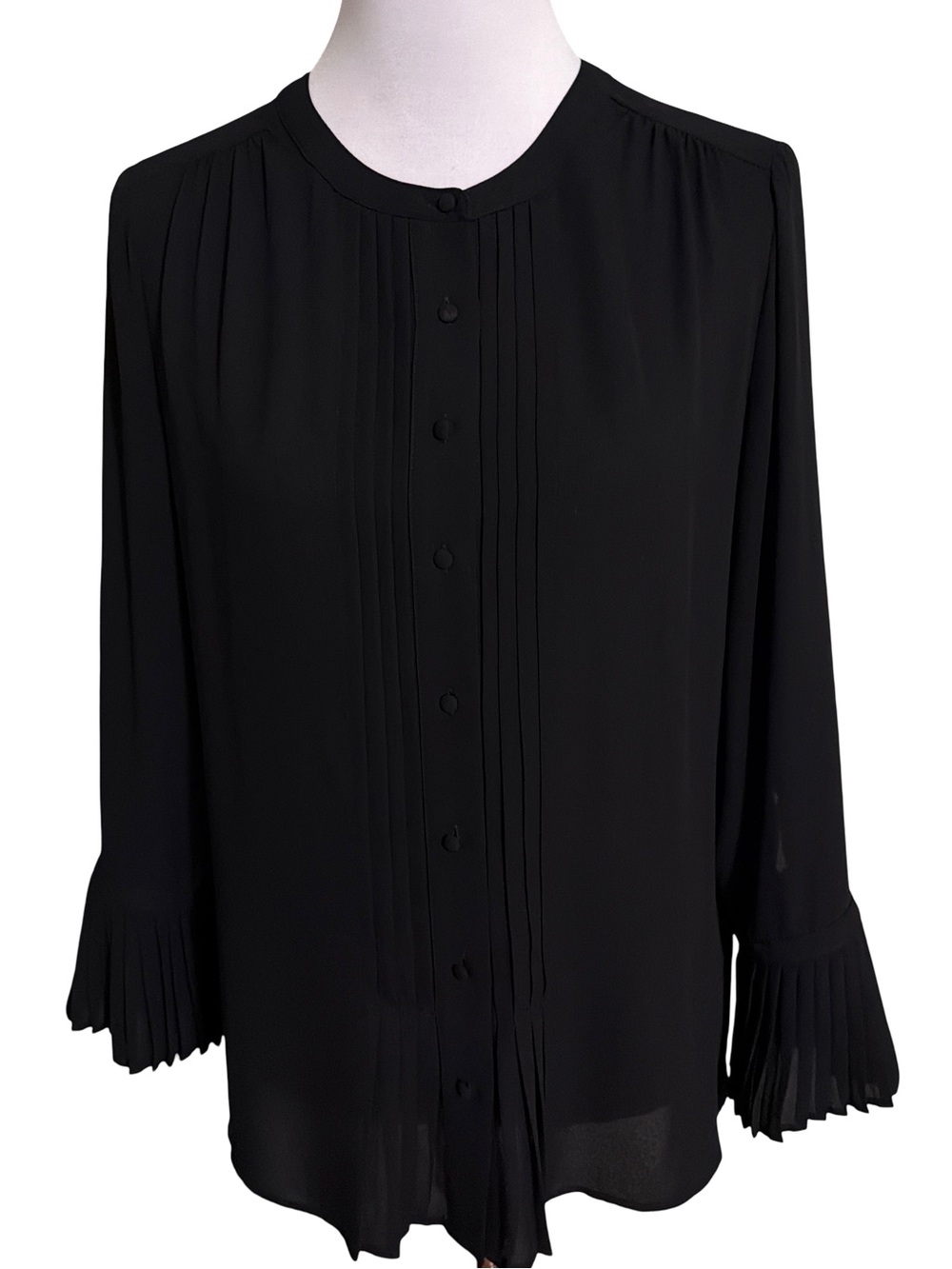 White House Black Market Black Pintuck Button-Front Blouse Size 10